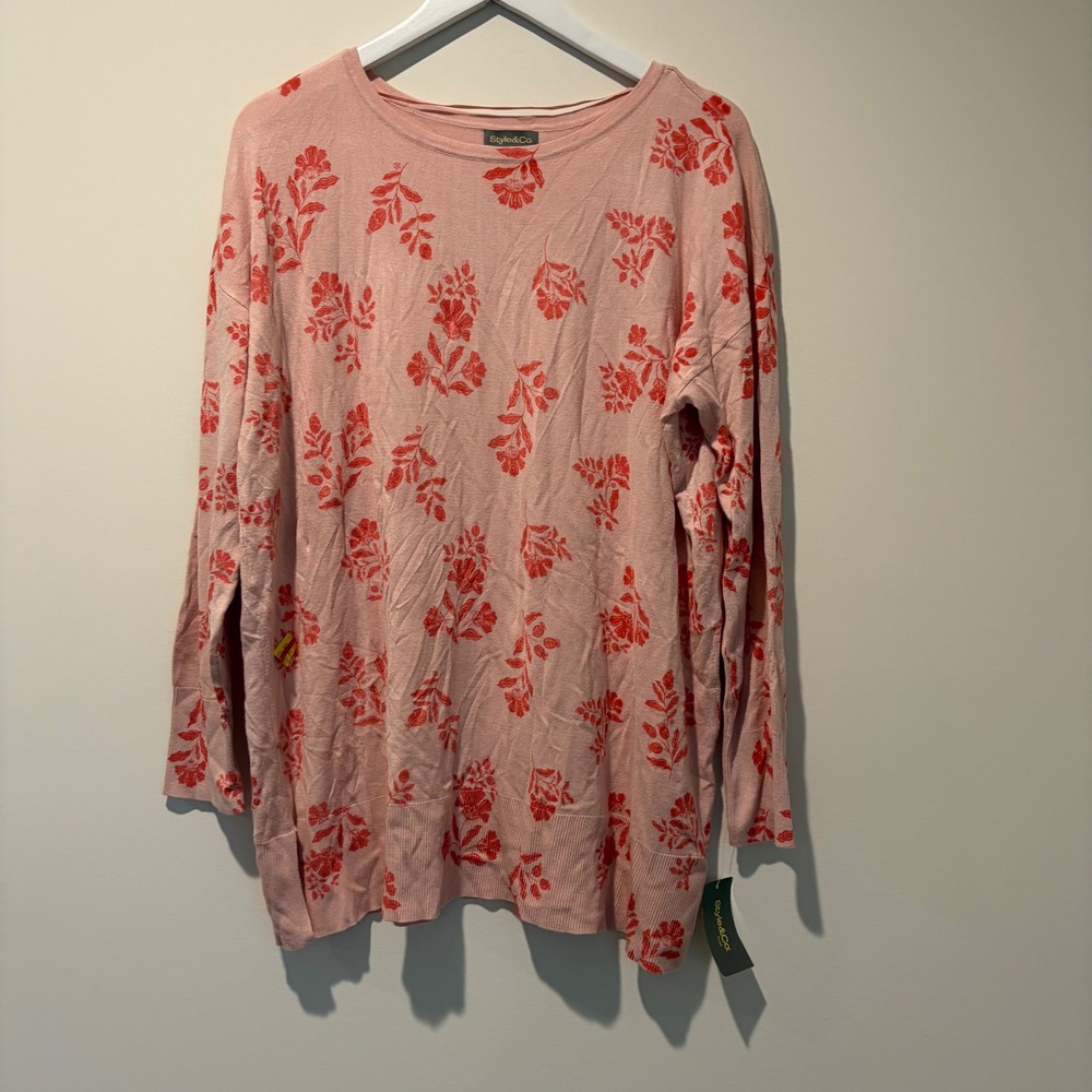 Style & Co Womens Plus 0X Pink Red Floral Crew Neck Knit Sweater 100200270WN
